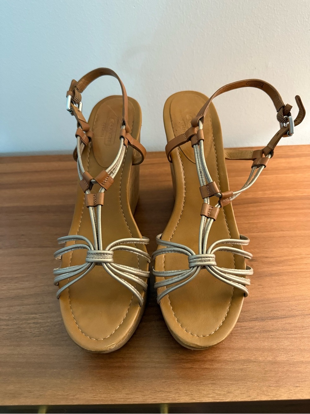 Coach Tan Wedge Sandals with Silver Straps